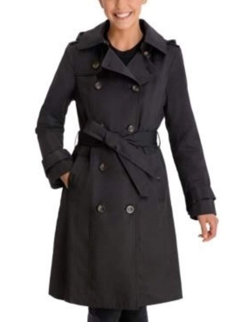 NEW LONDON FOG Double Breasted Trench w Button Off Hood Black LARGE